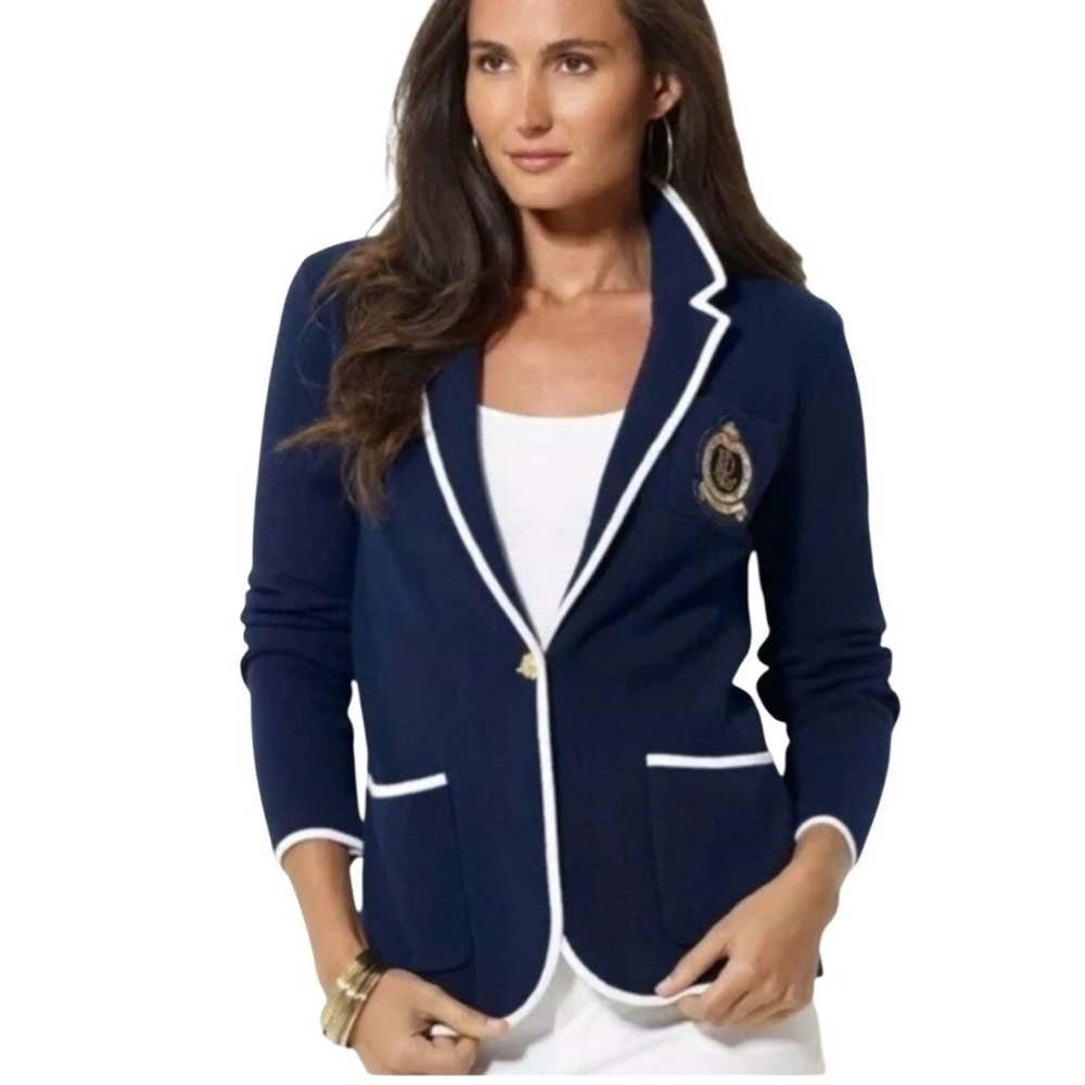 Ralph Lauren Navy Crest Emblem‎ Knit Blazer Jacket Women Gold Button Preppy - Picture 2 of 16
